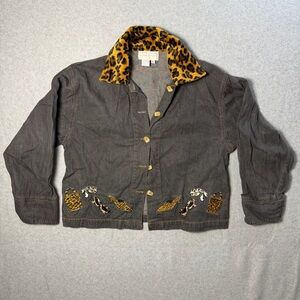 Leopard Collar Gray Denim Jacket Y2K